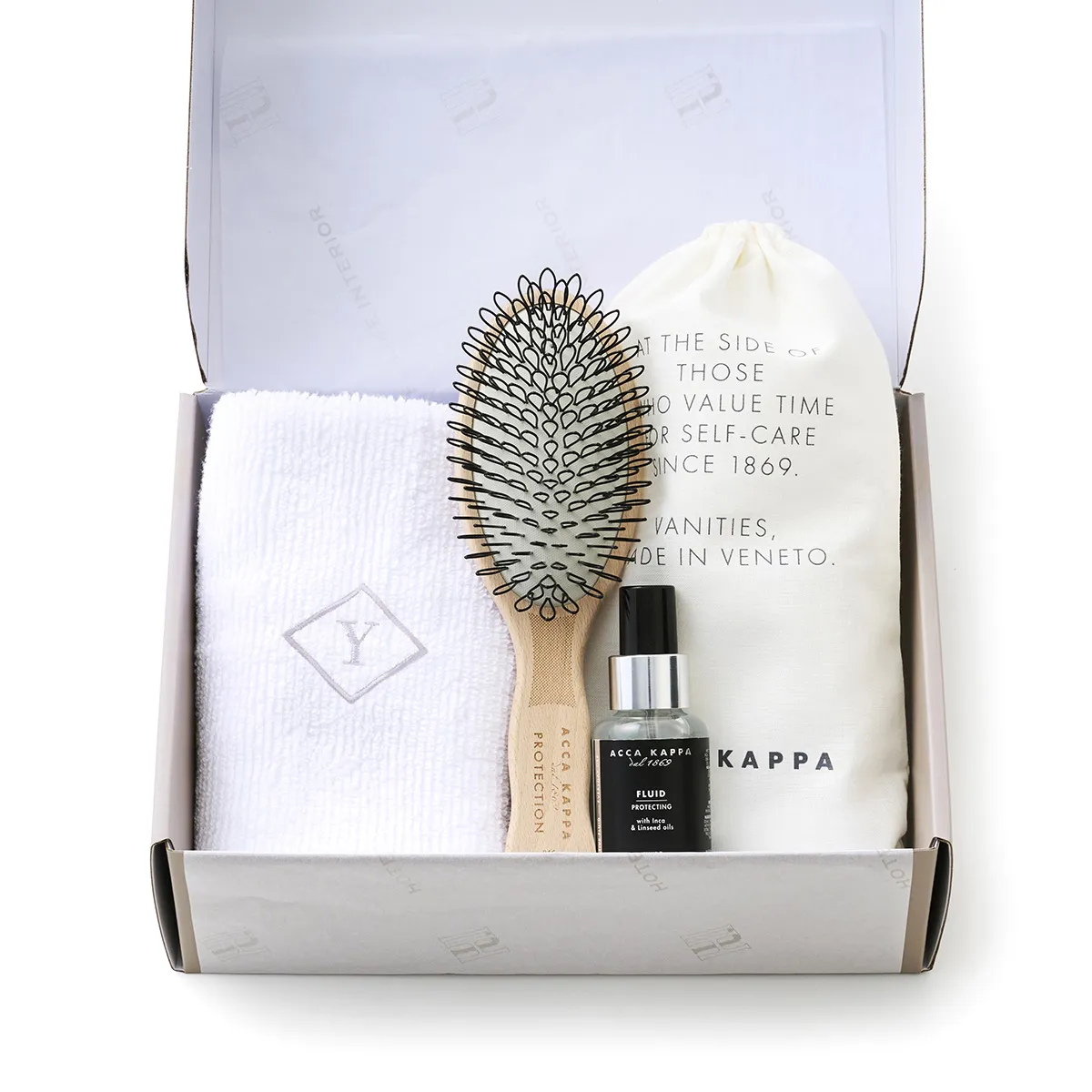 【ギフトBOX入り】刺繍入りハイドロコットン ハンドタオル（ホワイト）＆ACCA KAPPA ヘアブラシ＆ヘアオイルセット
