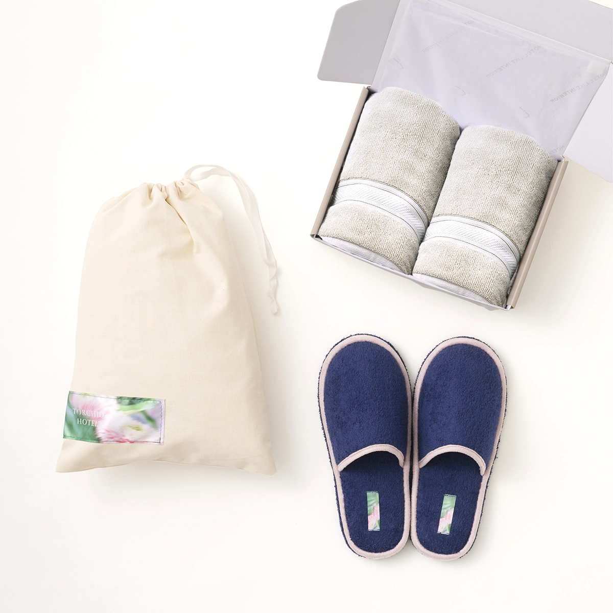 【ギフトBOX入り】パイルスリッパ＆ハイドロコットントルコ フェイスタオル | サンド| 2枚セット
