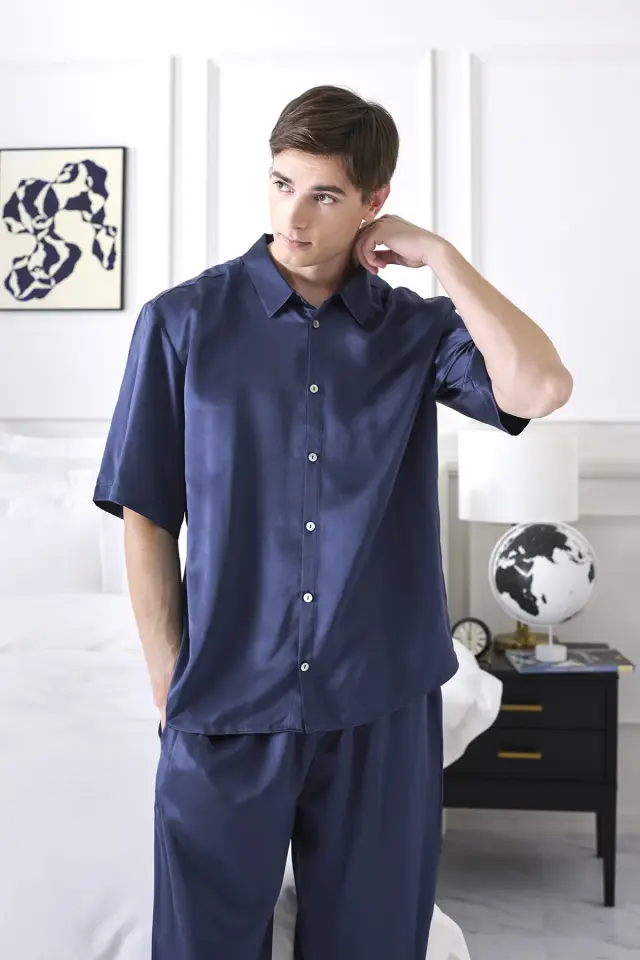19匁シルク メンズパジャマ｜半袖シャツ/ネイビー