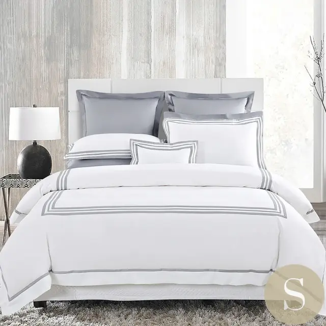 シングル | ボックスシーツ1枚 | 掛け布団カバー1枚 | 包み型スタンダード枕カバー2枚 | 500TC ボールドライン