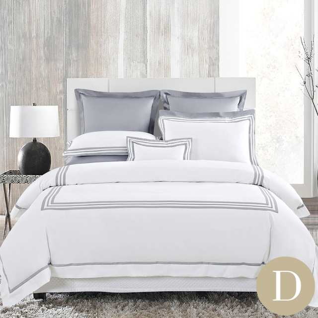 ホテルライク】ダブル掛け布団カバー 白×グレーライン刺繍ロゴ