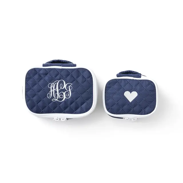 ダイヤモンドキルトポーチ | 刺繍入り2点セット | ミニ×1 スモール×1 | ネイビー