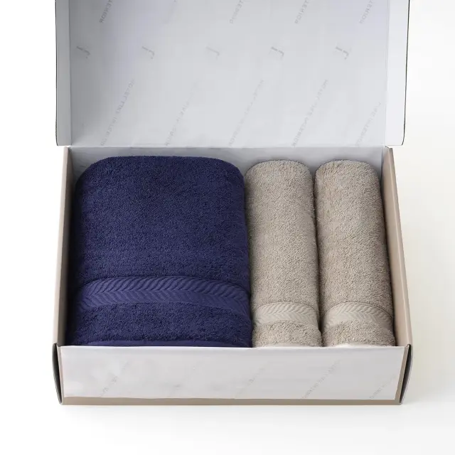 【ギフトBOX入り】エジプシャンコットン バス・フェイスタオルセット/ネイビー・サンド