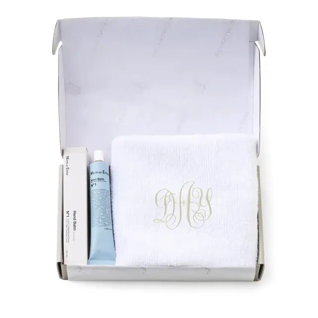 【ギフトBOX入り】刺繍入りハイドロコットン ハンドタオル（ホワイト）＆MATIN et ETOILE ハンドバームセット