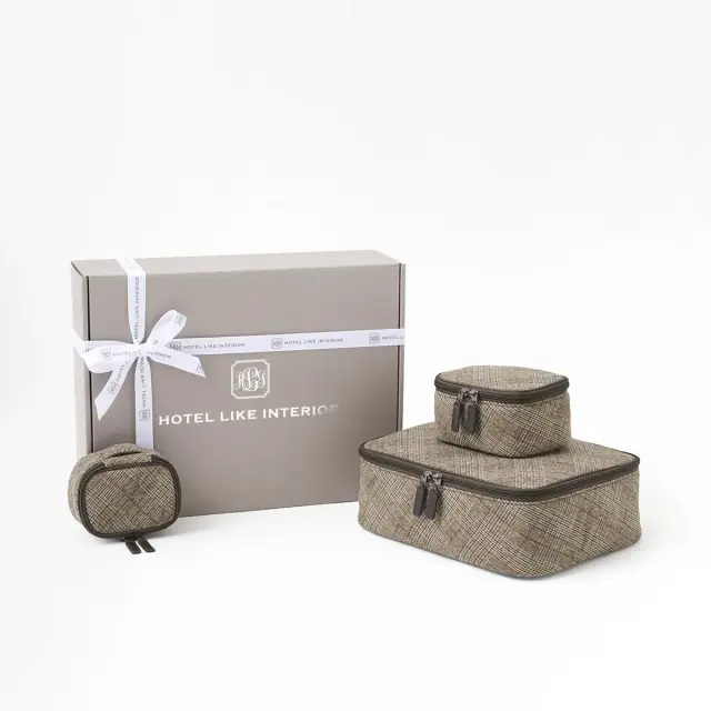 【ギフトBOX入り】 ポッシュプレイドポーチ | 3点セット/サンド×ブラウン