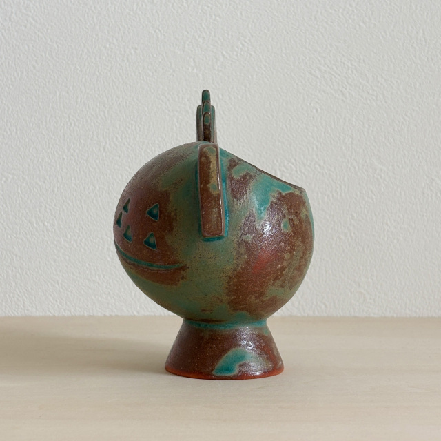 まんまるフォルムの鳥の花器（青緑マット／ビンテージ仕上げ）