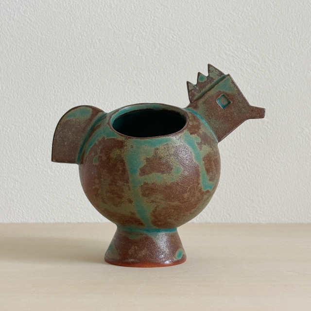 まんまるフォルムの鳥の花器（青緑マット／ビンテージ仕上げ）