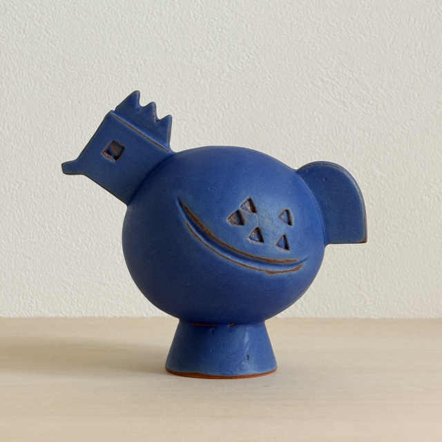 まんまるフォルムの鳥の花器(青マット)