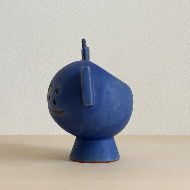 まんまるフォルムの鳥の花器（青マット）