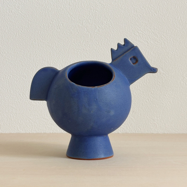 まんまるフォルムの鳥の花器（青マット）