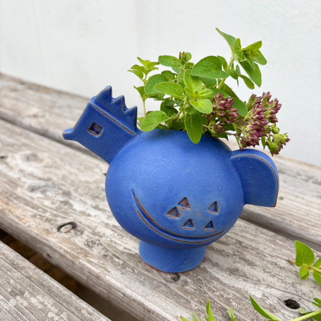 まんまるフォルムの鳥の花器（青マット）