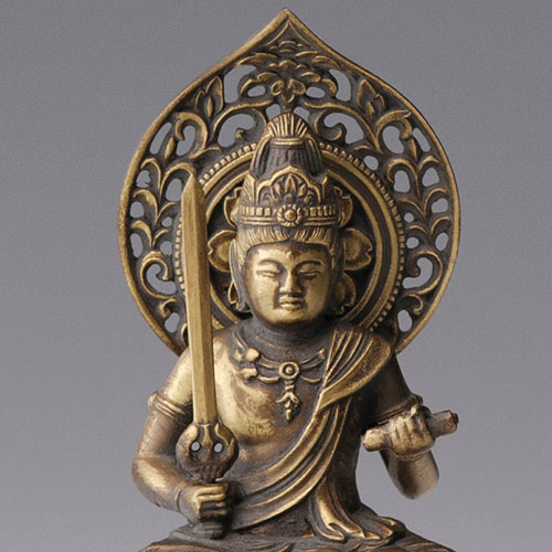文殊菩薩 - 合金製 古美金仕上げ 総高15cm 高岡銅器
