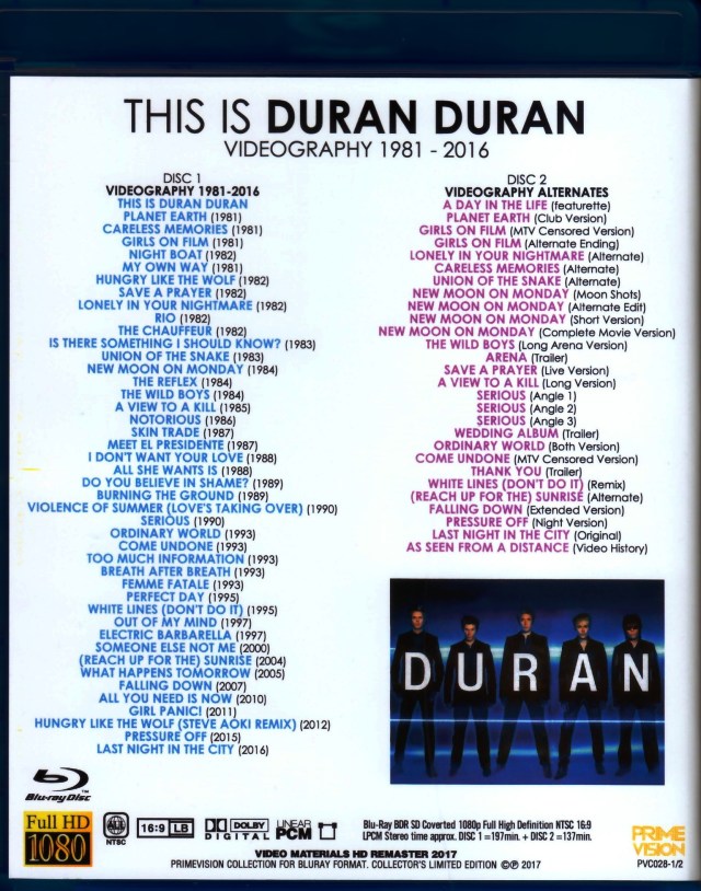 Duran Dura デュラン・デュラン/Videography 1981-2016 Blu-Ray Ver.