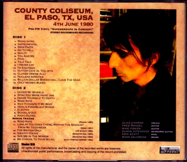 Alice Cooper アリス・クーパー/TX,USA 1980 Pre-Broadcast Master