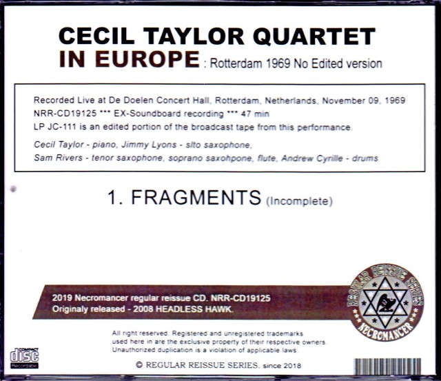 Cecil Taylor Quartet セシル・テイラー/Netherlands 1969 LP Unedited