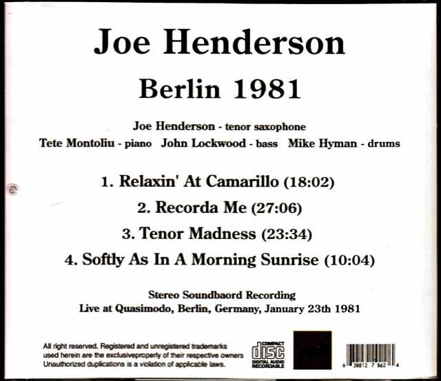 Joe Henderson ジョー・ヘンダーソン/Germany 1981