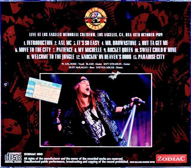 激レア美品 ガンズアンドローゼズ Guns N' Roses 1989年製 Guns N' Roses ガンズ・アンド・ローゼス/California,USA 10.21.1989