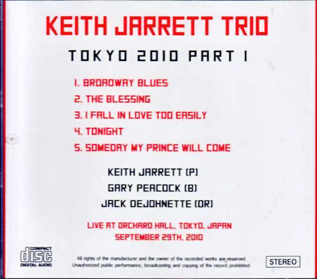 キース・ジャレット トリオ サイン入りLP Keith Jarrett Trio キース・ジャレット/Tokyo,Japan 09.29.2010 1st Set