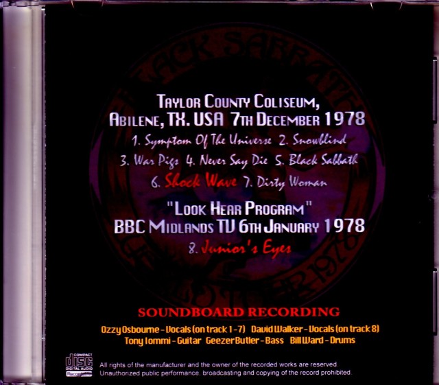 Black Sabbath ブラック・サバス/TX,USA 1978 & more