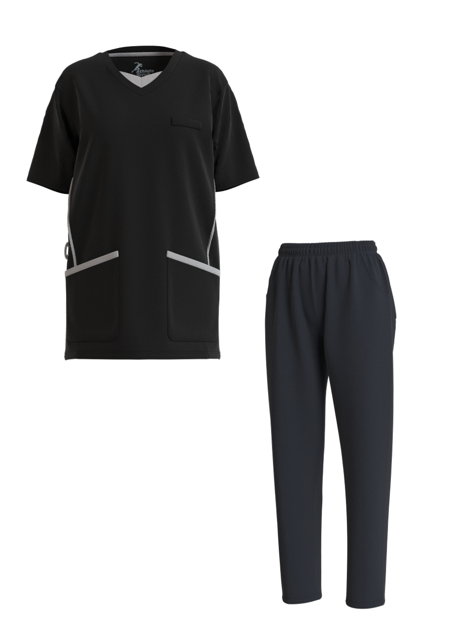 単発お仕事スタート上下セット・ブラック & ネイビー（360度ストレッチ＆軽量で動きやすさ抜群！スクラブ・パンツセット）