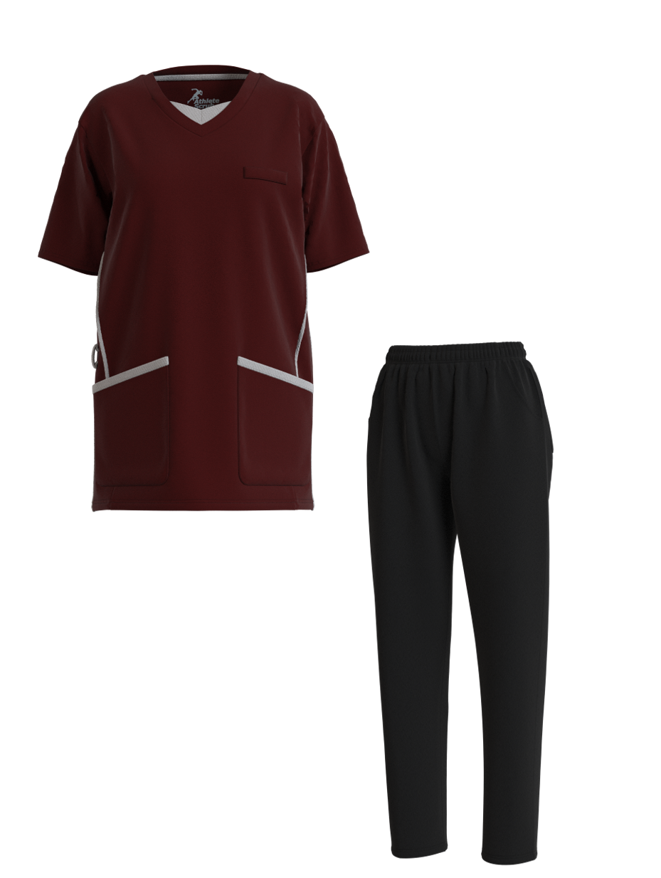 単発お仕事スタート上下セット・ワイン＆ネイビー （360度ストレッチ＆軽量で動きやすさ抜群！スクラブ・パンツセット）