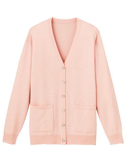 ナースに嬉しい抗菌防臭ポケット付きV字カーディガン（ピンク）。毛玉が付きにくく、お家で洗濯OK！