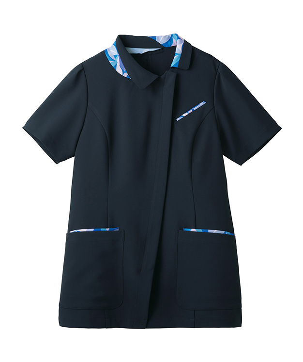 スカーフ柄アシメデザイン、パフスリーブジャケット（紺×ブルー）