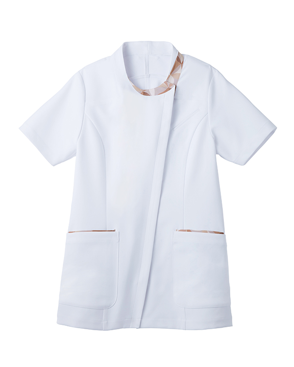 スカーフ柄Uネックデザインジャケット（ホワイト×ベージュ）