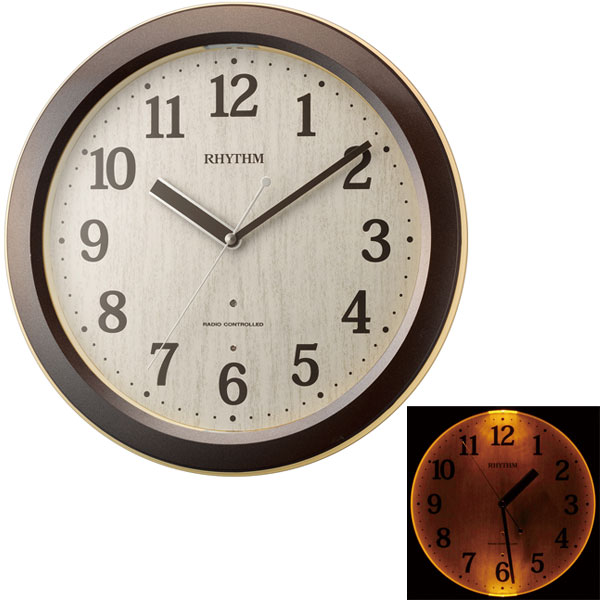 電波時計 4MYA33SR06 暗くなるとライトが点灯 音の静かな 壁掛け時計 リズム時計 RHYTHM プラスチック枠 文字名入れ対応有料 取り寄せ品
