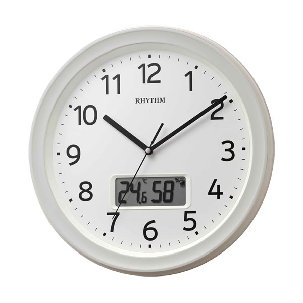 壁掛け時計 温度1 湿度 カレンダー付 電波時計 8FYA02SR03 白半艶仕上げ プラスチック枠 文字入れ対応有料 取り寄せ品