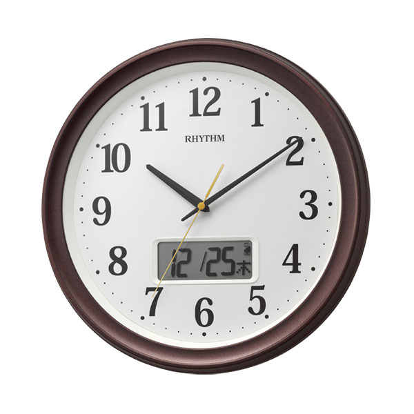 壁 掛け時計 温度 湿度 カレンダー 切換 電波時計 直径325mm 8FYA02SR06 リズム RHYTHM 連続秒針 スイープ 茶色 プラスチック枠 文字入れ不可 リズム株式会社はシチズンブランド時計の製造販売メーカー 取り寄せ品