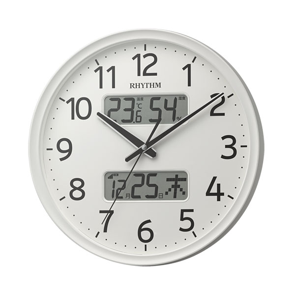 壁掛け時計 温度 湿度 デジタル カレンダー付 電波時計 8FYA03SR03 スイープ ホワイト 白 リズム時計 RHYTHM 文字入れ対応有料 取り寄せ品