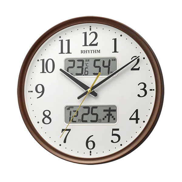 壁 掛け時計 温度 湿度 カレンダー付 電波時計 8FYA03SR06 茶色 プラスチック枠 スイープ 連続秒針 リズム RHYTHM 文字入れ不可 リズム株式会社はシチズンブランド時計の製造販売メーカー 取り寄せ品