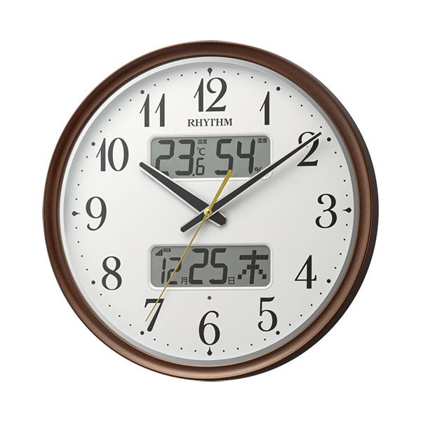 壁 掛け時計 ライト付 温度 湿度 カレンダー付 電波時計 8FYA04SR06 茶メタリック色 プラスチック枠 文字入れ対応有料 取り寄せ品