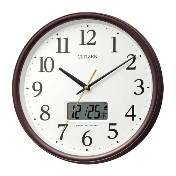 壁掛け時計 温度 湿度とカレンダー表示切替 電波時計 8FYA05-006 スイープ 茶メタリック色 リズム時計 RHYTHM 取り寄せ品