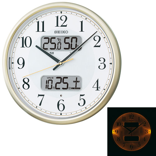 暗くなるとライトが点灯する壁掛け時計 温度・湿度・デジタルカレンダー 電波時計 掛時計 KX384S セイコー SEIKO 取り寄せ品