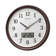 壁 掛け時計 温度 湿度 カレンダー 切換 電波時計 直径325mm 8FYA02SR06 リズム RHYTHM 連続秒針 スイープ 茶色 プラスチック枠 文字入れ不可 リズム株式会社はシチズンブランド時計の製造販売メーカー 取り寄せ品