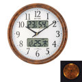 壁掛け時計 ライト付 温度 湿度 カレンダー付 電波時計 リズム RHYTHM4FY617SR23 茶色木目仕上げ プラスチック枠 文字入れ不可 取り寄せ品