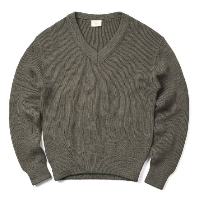 実物 USED フランス軍 クロロファイバーウール Vネックセーター オリーブ