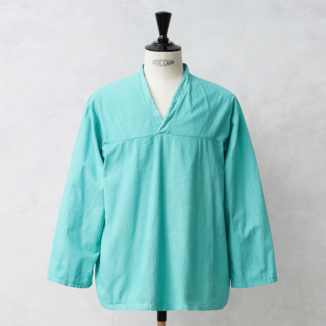 実物 新品 デッドストック ロシア軍 80s ヨーク切り替え Vネック スリーピングシャツ ROBIN EGG BLUE染め