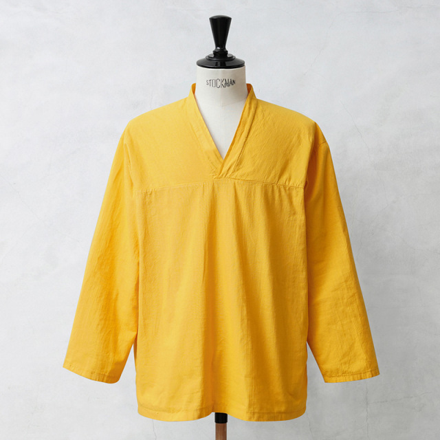 実物 新品 デッドストック ロシア軍 80s ヨーク切り替え Vネック スリーピングシャツ MUSTARD YELLOW染め