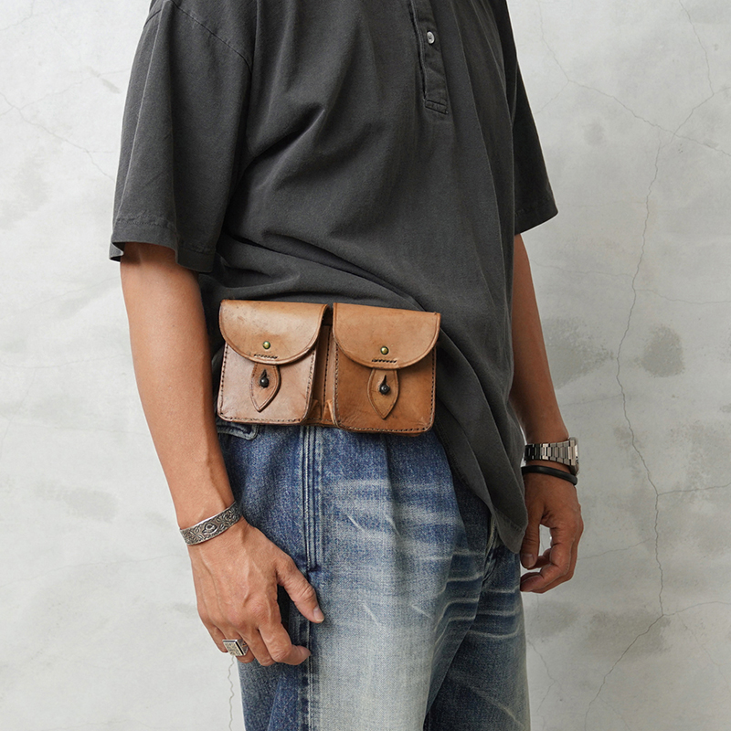 実物 USED フランス軍 ヴィンテージ 2ポケット レザーポーチ