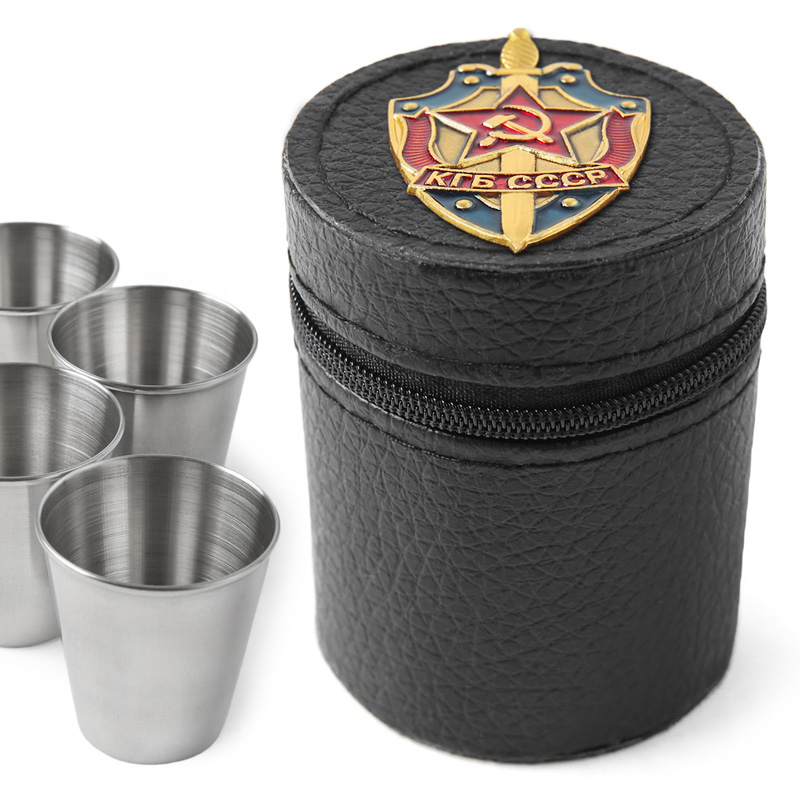 実物 新品 ロシア軍 KGB ステンレス ショットグラス 4点セット 専用ケース付き