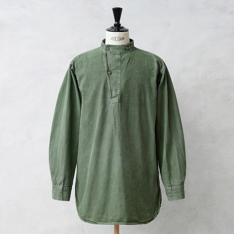 実物 USED スウェーデン軍 M-55 スタンドカラー プルオーバーシャツ グリーン 初期型