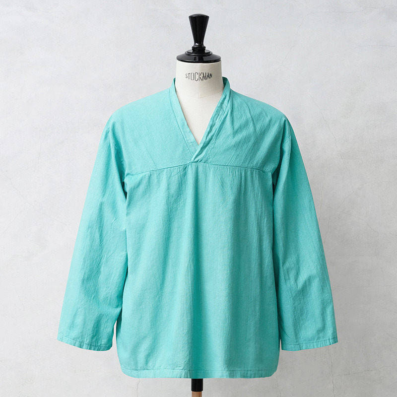 実物 新品 デッドストック ロシア軍 80s ヨーク切り替え Vネック スリーピングシャツ ROBIN EGG BLUE染め
