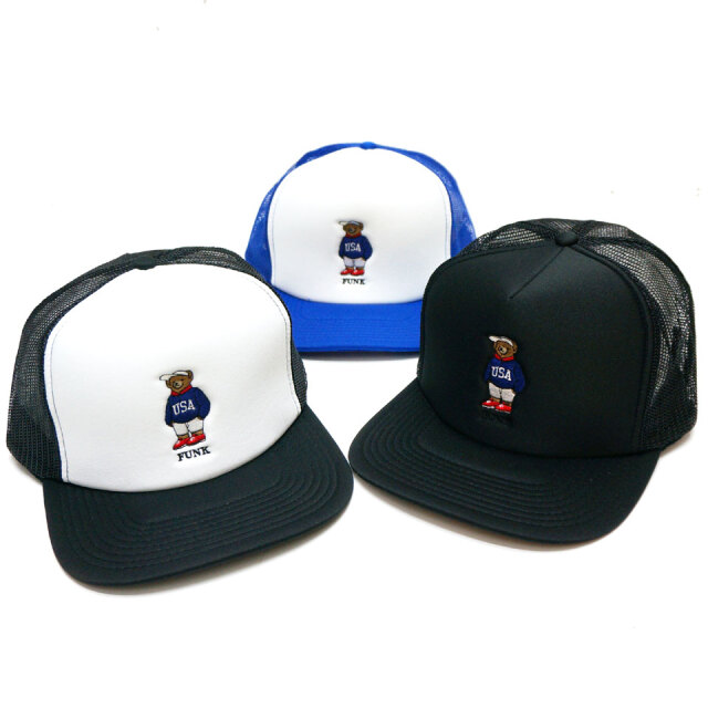 全3色 ブッシュクラン BUSH CLAN メッシュキャップ USA BEAR EMBROIDERED MESH CAP ファンクベア FUNK BEAR トラッカーハット ブラック ブルー