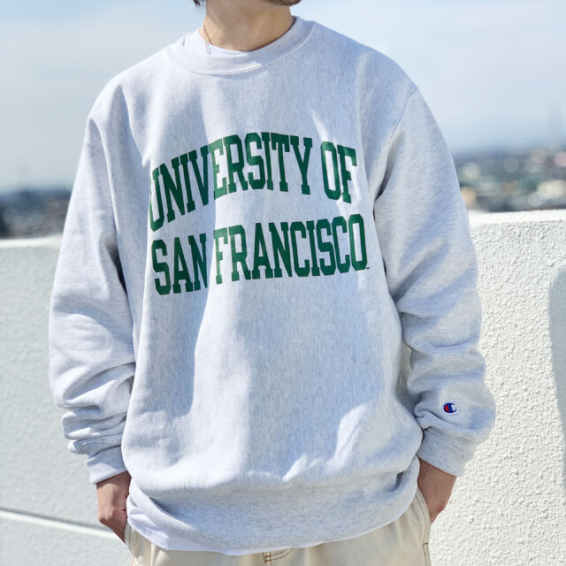 チャンピオン CHAMPION US企画 リバースウィーブ クルースウェット REVERSE WEAVE CREW SWEAT SAN  FRANCISCO UNIVERSITY サンフランシスコ シルバーグレー トレーナー