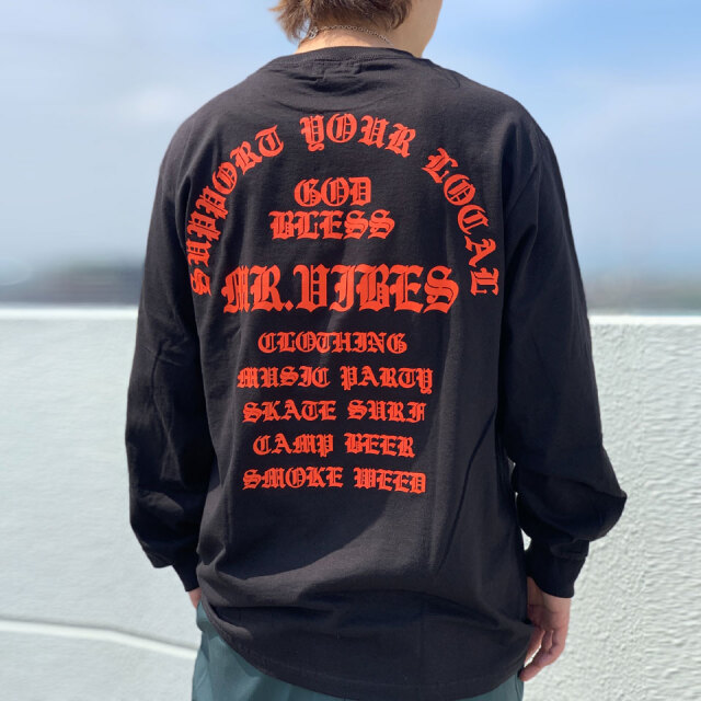 MRV by Mr.vibes ロンT Tシャツ GOD BLESS L/S Tee 長袖 オリジナル バックプリント  ブラック/オレンジ 黒 BLACK