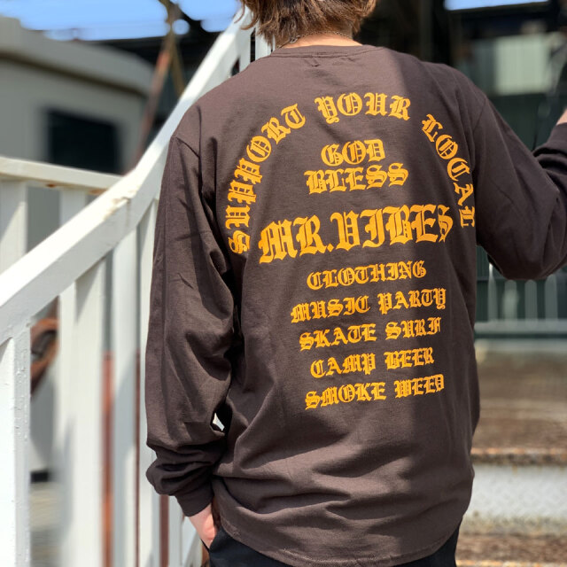 MRV by Mr.vibes ロンT Tシャツ GOD BLESS L/S Tee 長袖 オリジナル バックプリント  ブラウン/イエロー 茶色 BROWN