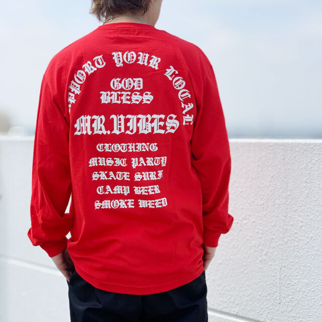 MRV by Mr.vibes ロンT Tシャツ GOD BLESS L/S Tee 長袖 オリジナル バックプリント  レッド/ホワイト 赤 RED